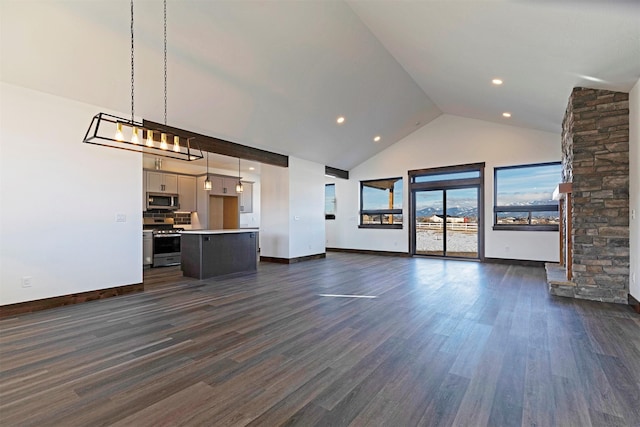 unfurnished living room featuring high vaulted ceiling, dark wood-style flooring, recessed lighting, and baseboards