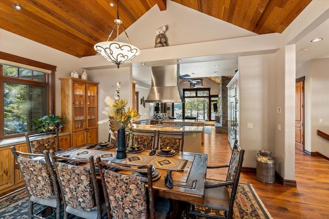 dining room with recessed lighting, wood finished floors, high vaulted ceiling, wooden ceiling, and baseboards