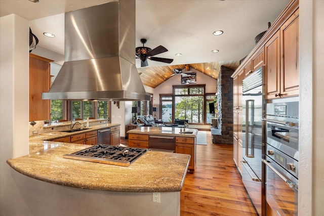 kitchen with island exhaust hood, lofted ceiling, light wood-style flooring, appliances with stainless steel finishes, and a sink