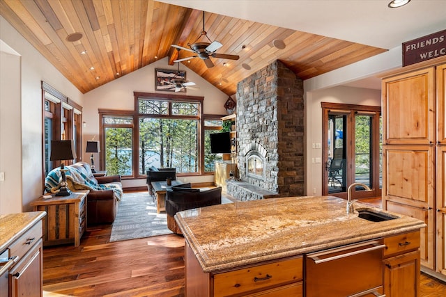 kitchen with wooden ceiling, open floor plan, dark wood-style flooring, a fireplace, and a sink