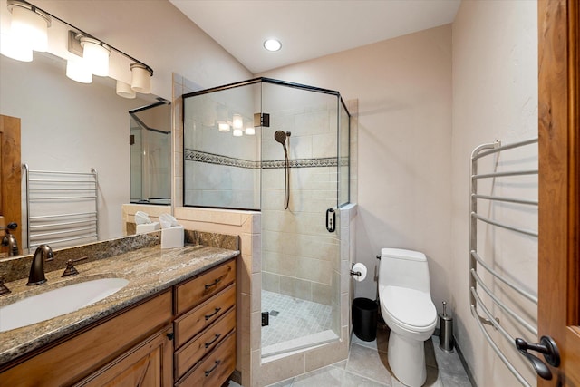 bathroom with toilet, recessed lighting, vanity, tile patterned floors, and a stall shower