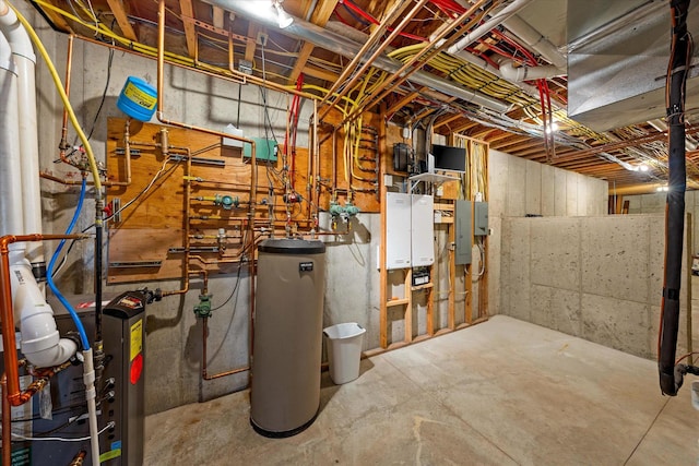 utility room with electric panel and water heater