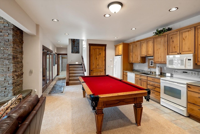 playroom featuring light tile patterned floors, pool table, a sink, and recessed lighting