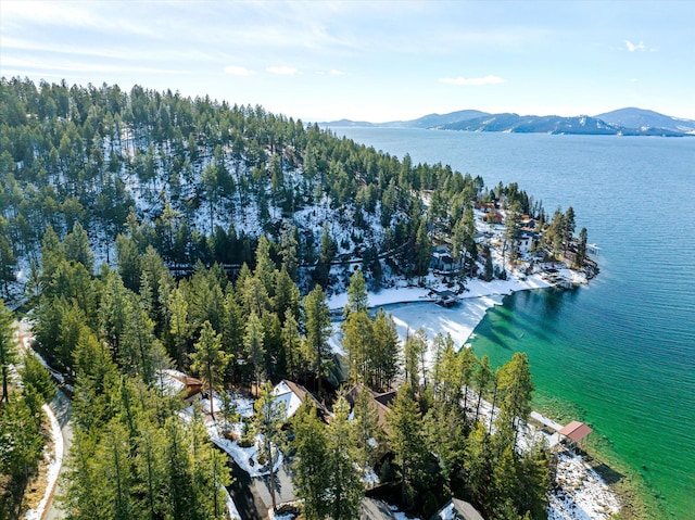 aerial view featuring a water and mountain view