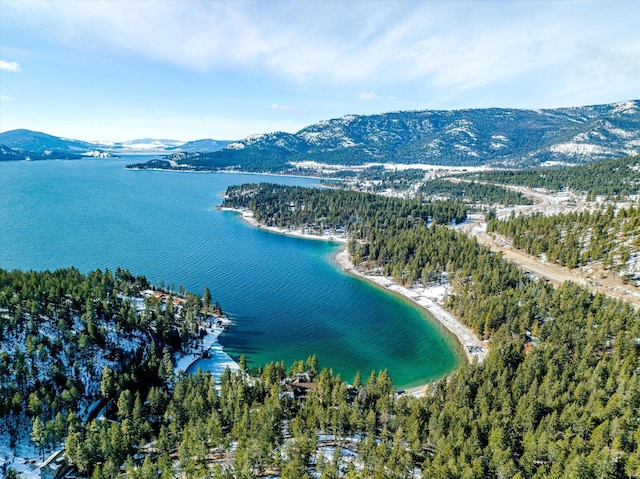 bird's eye view featuring a water and mountain view