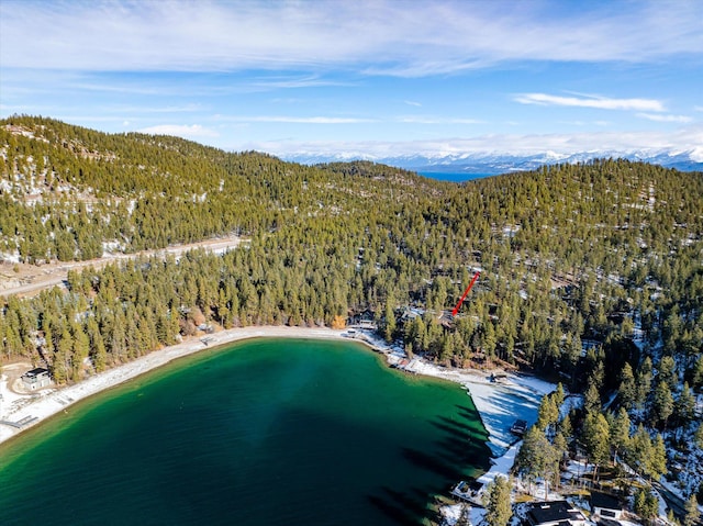 bird's eye view with a wooded view and a water and mountain view