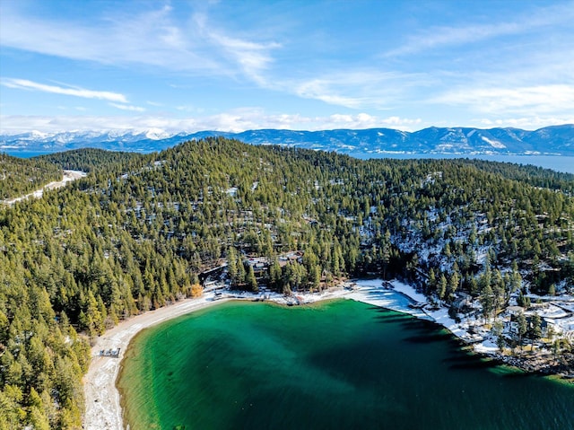 drone / aerial view with a wooded view and a water and mountain view