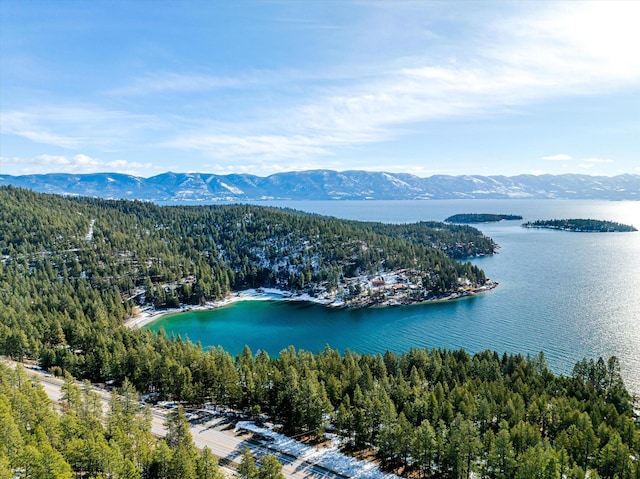 aerial view with a wooded view and a water and mountain view