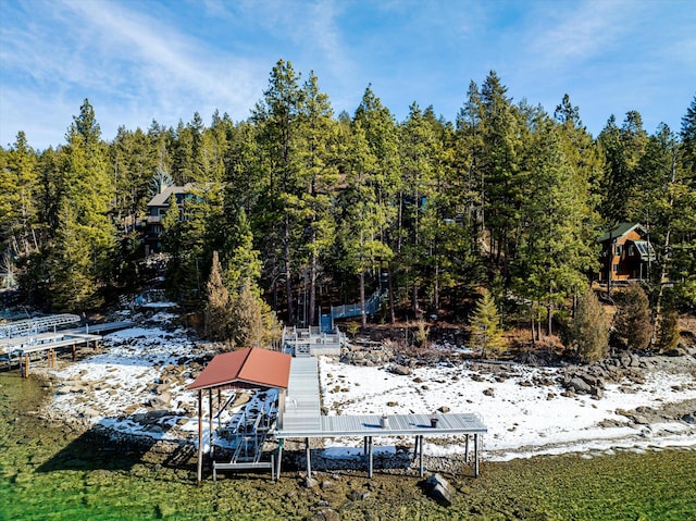 dock area with a forest view