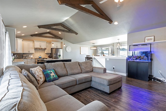 living area with lofted ceiling with beams, recessed lighting, a ceiling fan, baseboards, and dark wood finished floors