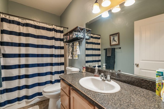 full bath with vanity, toilet, and a shower with curtain