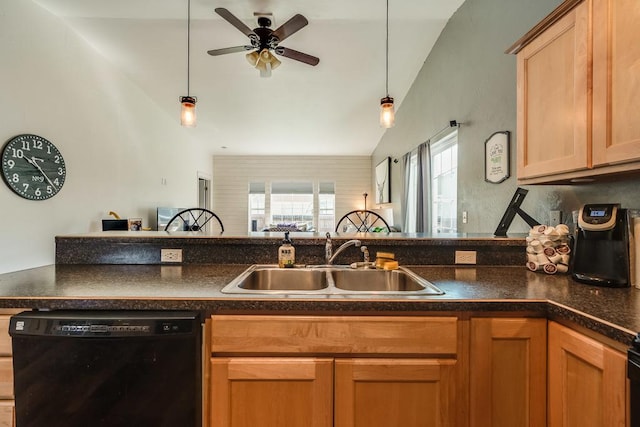 kitchen featuring a sink, dark countertops, dishwasher, and lofted ceiling