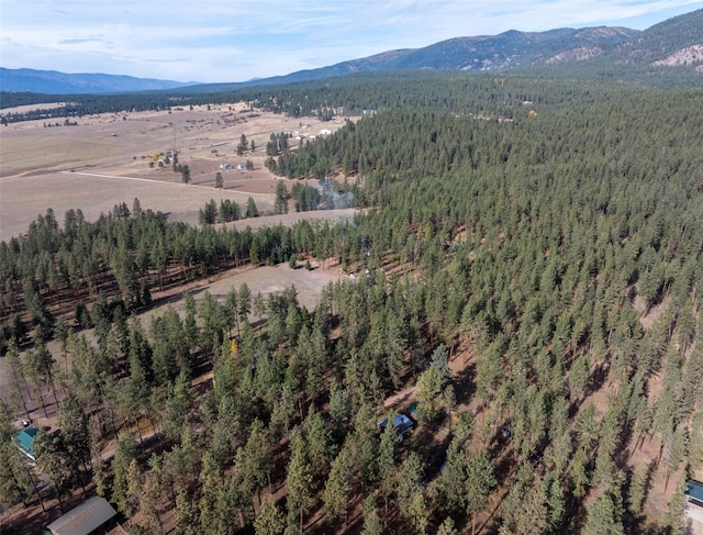 aerial view featuring a mountain view and a view of trees