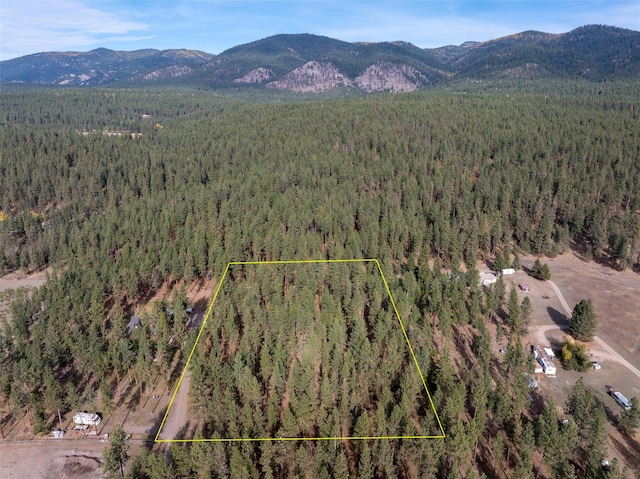 birds eye view of property with a mountain view and a wooded view