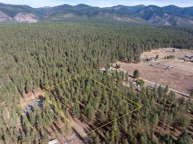 birds eye view of property with a mountain view and a wooded view