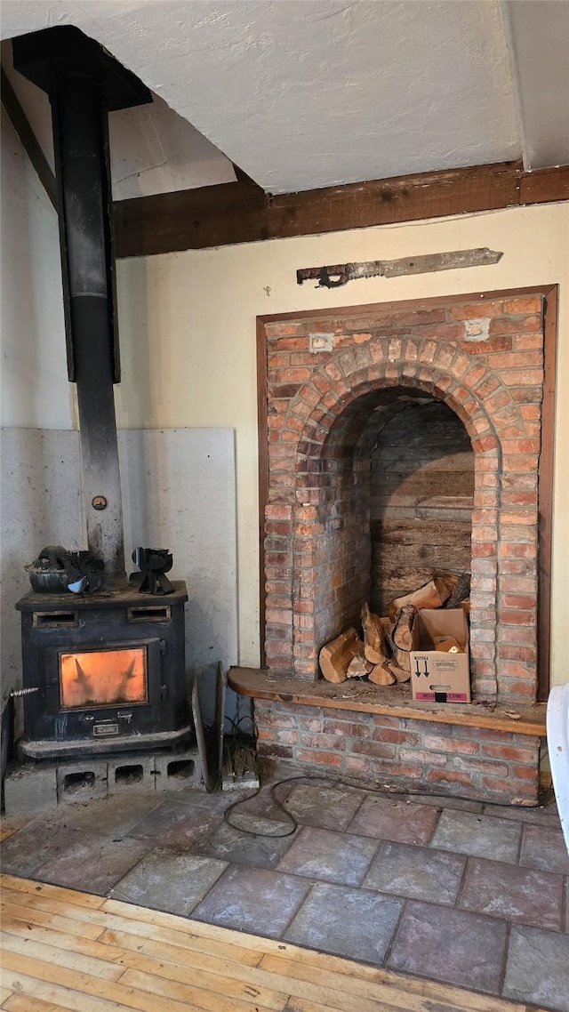 interior details with a wood stove