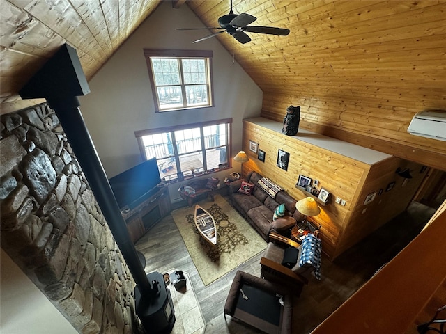 living room featuring a ceiling fan, wood ceiling, high vaulted ceiling, and wood finished floors