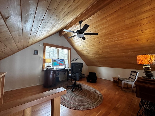 home office with vaulted ceiling with beams, hardwood / wood-style flooring, wooden ceiling, and a ceiling fan