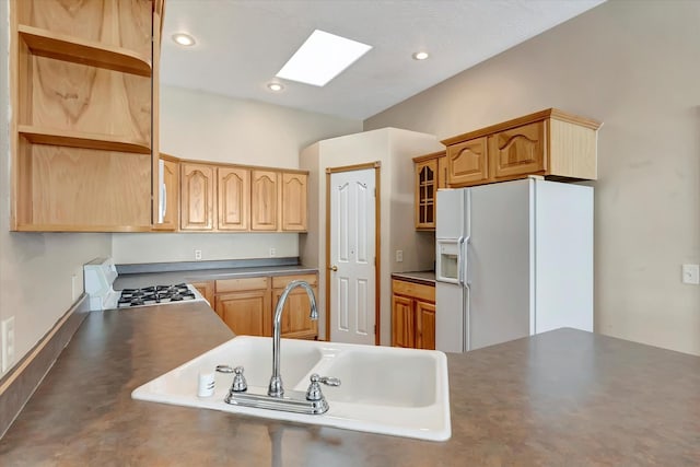 6864 Joy Dr, Missoula, MT 59803 - kitchen featuring white appliances, open shelves, a sink, recessed lighting, and glass insert cabinets