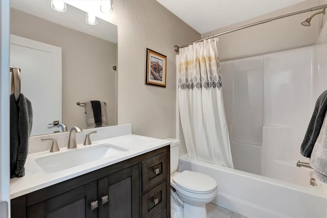 bathroom featuring toilet, tile patterned floors, shower / tub combo with curtain, and vanity