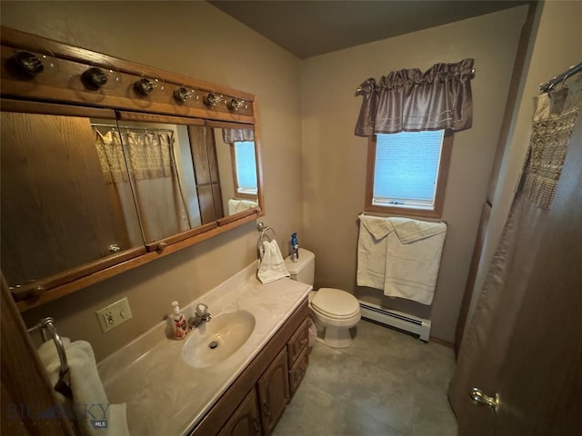 full bathroom with toilet, a baseboard radiator, a shower with shower curtain, and vanity