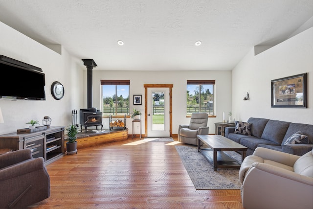 4416 Gem Ranch Rd, Stevensville, MT 59870 - living area with a wood stove, plenty of natural light, hardwood / wood-style flooring, and a textured ceiling
