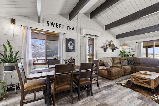 65637 Mt Highway 37, Eureka, MT 59917 - dining room featuring a wall mounted AC, wood finished floors, and wooden walls