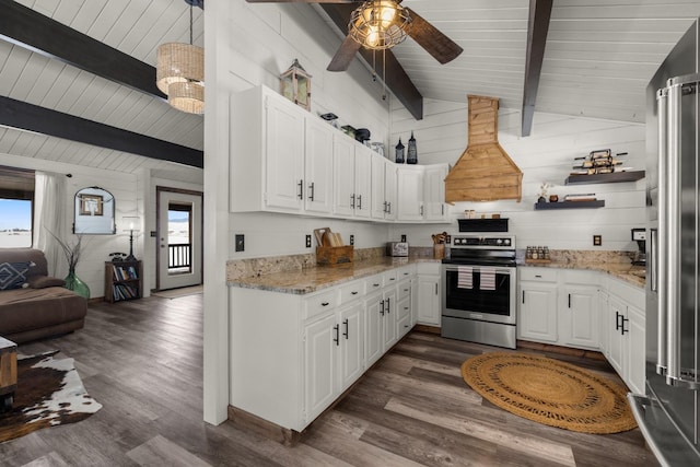 65637 Mt Highway 37, Eureka, MT 59917 - kitchen featuring appliances with stainless steel finishes, custom range hood, healthy amount of natural light, a ceiling fan, and wood ceiling