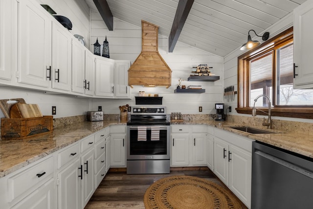 65637 Mt Highway 37, Eureka, MT 59917 - kitchen with stainless steel appliances, custom exhaust hood, dark wood-style floors, white cabinetry, and wood ceiling