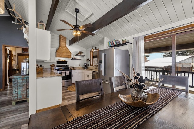 65637 Mt Highway 37, Eureka, MT 59917 - dining area with ceiling fan, dark wood-style flooring, and wooden ceiling