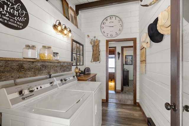 65637 Mt Highway 37, Eureka, MT 59917 - laundry area with washer and dryer, dark wood-type flooring, and wooden walls