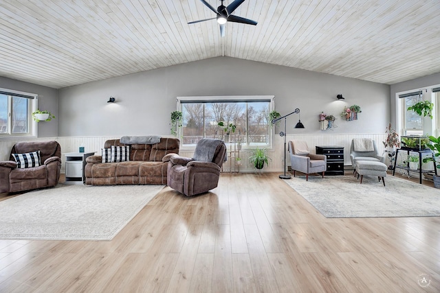 living area featuring a wealth of natural light, wood ceiling, and wood finished floors