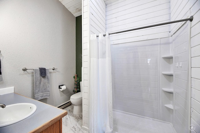 full bathroom with a textured wall, toilet, marble finish floor, vanity, and a shower stall