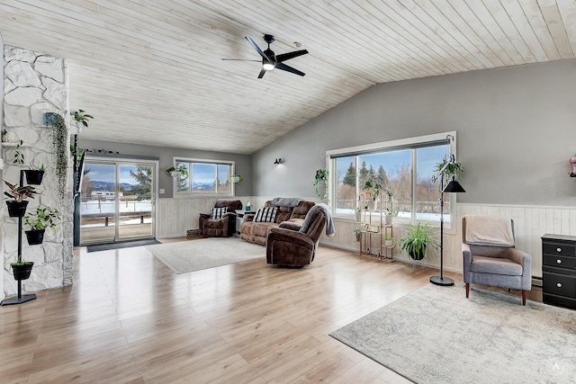 living area featuring lofted ceiling, a ceiling fan, wood ceiling, wainscoting, and wood finished floors