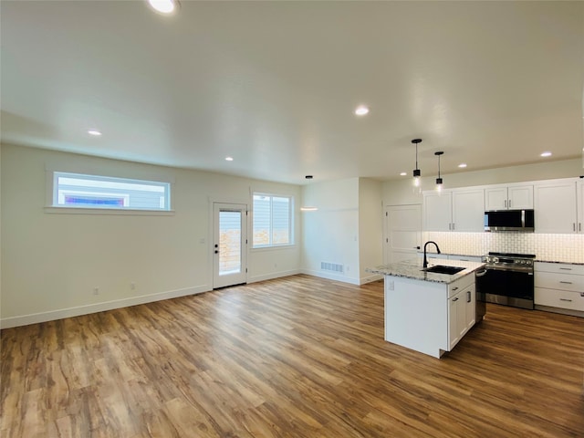 kitchen featuring backsplash, stainless steel appliances, a sink, and wood finished floors