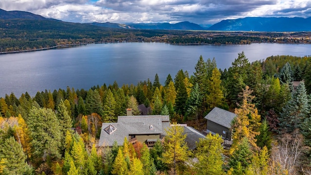 bird's eye view featuring a water and mountain view and a wooded view