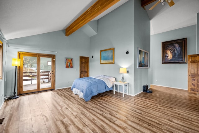 bedroom featuring high vaulted ceiling, wood finished floors, baseboards, access to outside, and beam ceiling