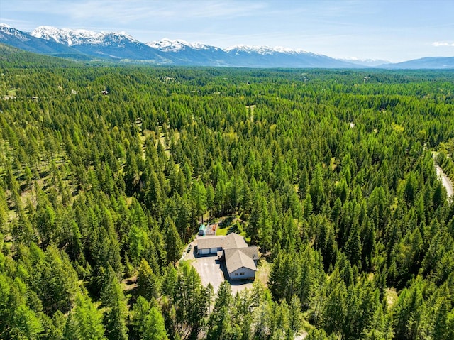 drone / aerial view featuring a mountain view and a wooded view