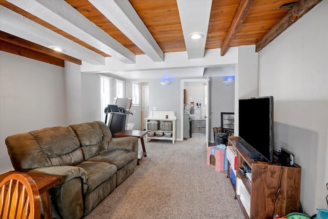 155 8th Ave, Kalispell, MT 59901 - living area with light colored carpet, a wooden ceiling with exposed beams, and recessed lighting