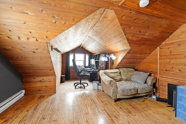 interior space with a baseboard heating unit, wooden ceiling, vaulted ceiling, and hardwood / wood-style flooring