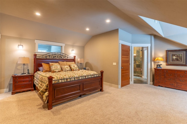 935 Pack Rat Ln, Whitefish, MT 59937 - carpeted bedroom featuring a skylight, vaulted ceiling, baseboards, and recessed lighting