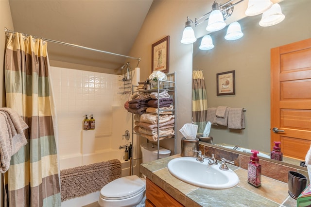 935 Pack Rat Ln, Whitefish, MT 59937 - bathroom featuring shower / bath combo, vanity, vaulted ceiling, and toilet