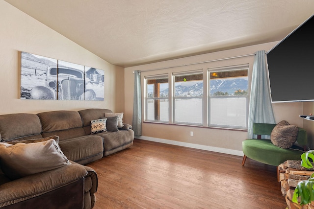 living area with lofted ceiling, a textured ceiling, baseboards, and wood finished floors