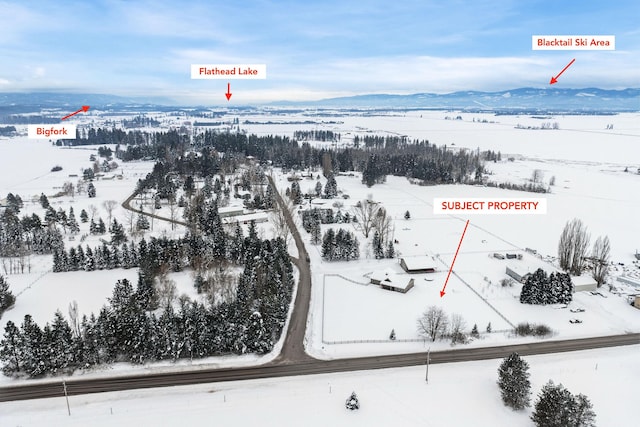 snowy aerial view featuring a mountain view