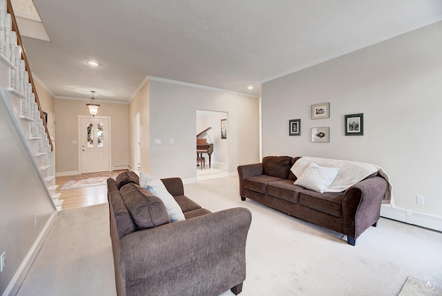 living room with light carpet, baseboards, crown molding, a baseboard heating unit, and recessed lighting