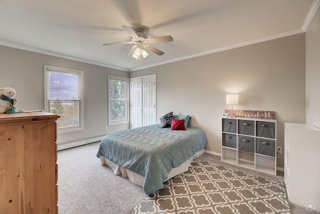 carpeted bedroom featuring baseboards, ornamental molding, baseboard heating, and a ceiling fan