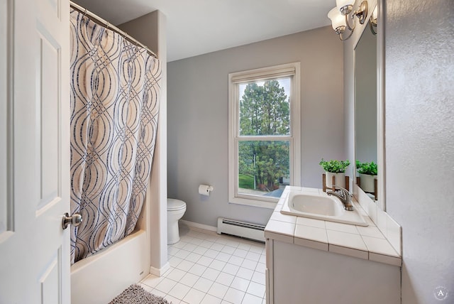 full bathroom with baseboards, toilet, tile patterned floors, baseboard heating, and vanity