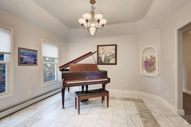 sitting room with baseboards, a raised ceiling, ornamental molding, an inviting chandelier, and a baseboard heating unit