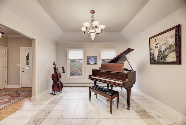 sitting room with baseboards, ornamental molding, a tray ceiling, a baseboard heating unit, and a notable chandelier