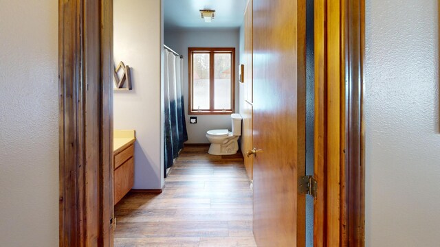 full bath featuring toilet, vanity, wood finished floors, and a shower with shower curtain